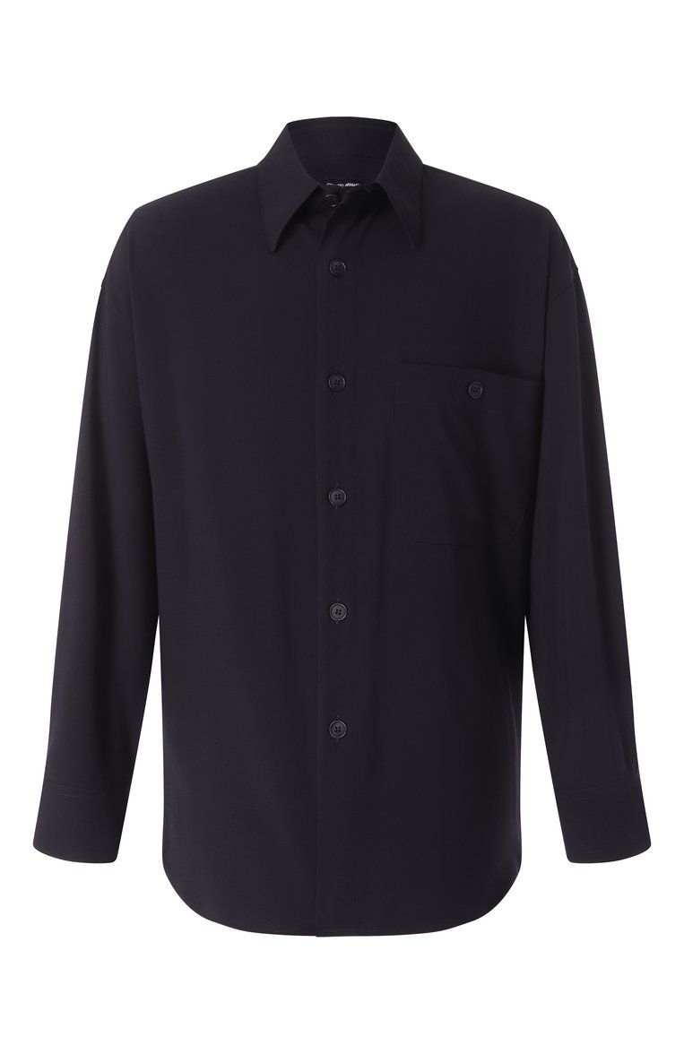 Мужская шерстяная рубашка GIORGIO ARMANI темно-синего цвета, арт. GM001429/TE10043 | Фото 1 (Материал сплава: Проставлено; Драгоценные камни: Проставлено; Материал внешний: Шерсть; Рукава: Длинные; Длина (для топов): Удлиненные; Случай: Повседневный; Принт: Однотонные; Стили: Кэжуэл; Манжеты: На пуговицах; Воротник: Кент)