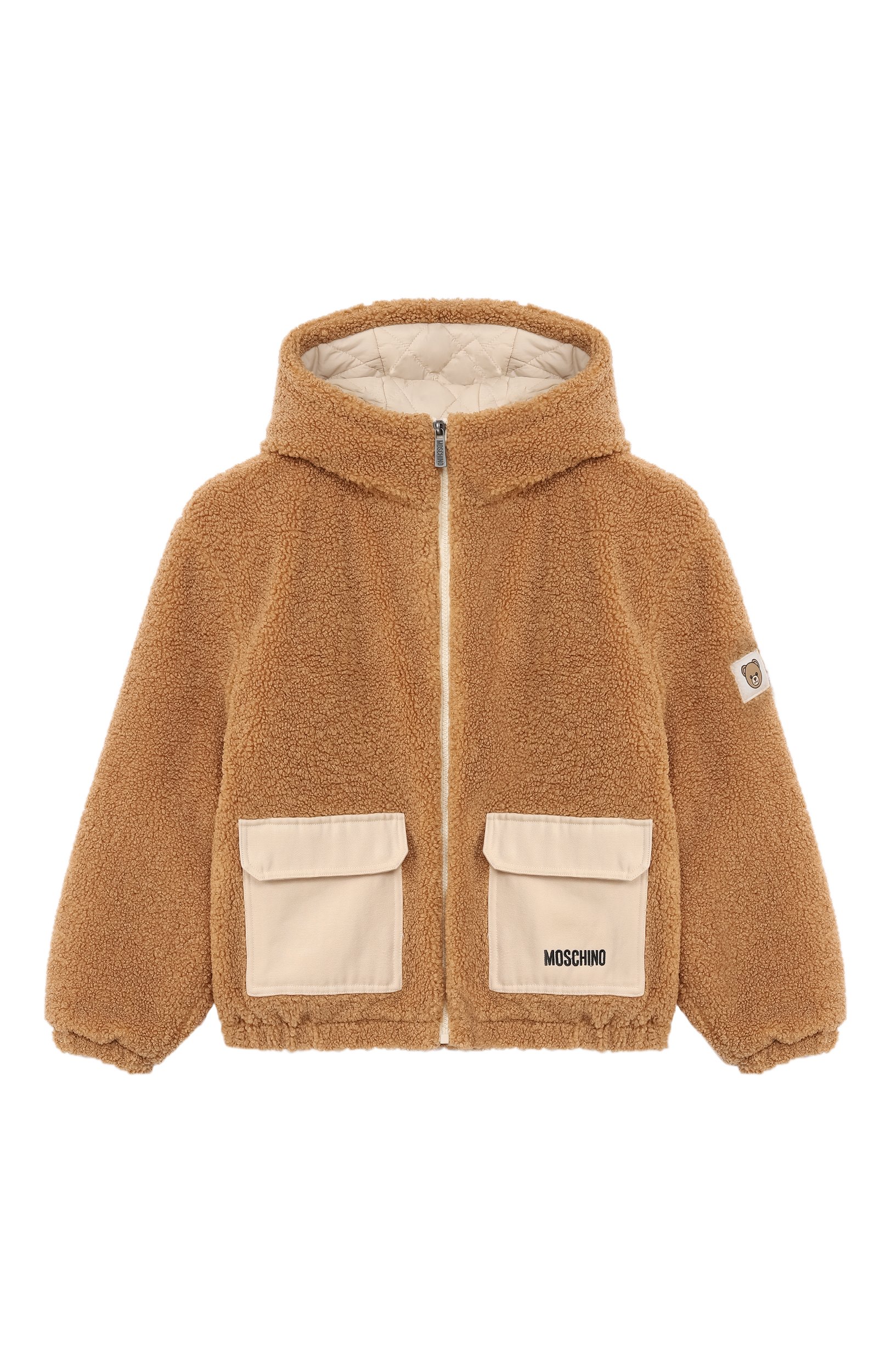 Утепленная куртка из экомеха MOSCHINO светло-коричневого цвета по цене 36600 руб., арт. HUS05R/LIA00, фото 1 Утепленная куртка из экомеха MOSCHINO, арт. HUS05R/LIA00, фото 1
