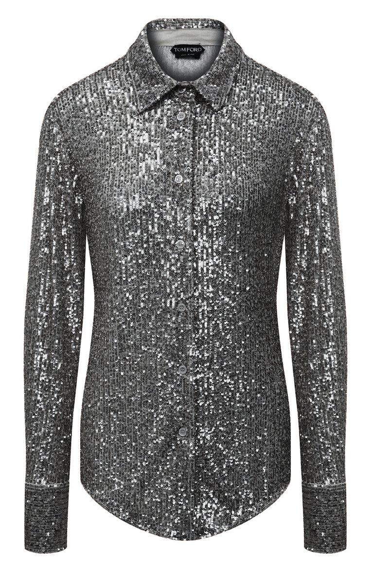 Женская рубашка с отделкой пайетками TOM FORD серебряного цвета, арт. CA3204-FAE381 | Фото 1 (Длина (для топов): Стандартные; Рукава: Длинные; Материал внешний: Синтетический материал; Женское Кросс-КТ: Рубашка-одежда; Стили: Гламурный, Кэжуэл; Принт: Без принта; Автоматизация ТО: Проставлено; Автоматизация состава: Проставлено; Детали: Декор)