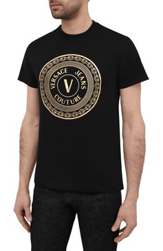 Мужская хлопковая футболка VERSACE JEANS COUTURE черного цвета, арт. B3GWA7TE-WUP600 SLIM R0UND BIG F0IL/30319 | Фото 3 (Материал внешний: Хлопок; Длина (для топов): Стандартные; Стили: Гранж; Рукава: Короткие; Принт: С принтом; Драгоценные камни: Проставлено; Материал сплава: Проставлено)