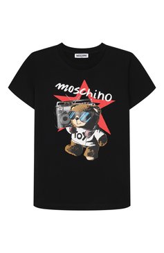 Детская хлопковая футболка MOSCHINO черного цвета, арт. HXM04K/LAA24/10-14 | Фото 1 (Рукава: Короткие; Материал внешний: Хлопок; Мальчики Кросс-КТ: Футболка-одежда; Автоматизация ТО: Проставлено; Автоматизация состава: Проставлено; Ростовка одежда: 10 - 11 лет | 140 - 146см, 12 лет | 152 см, 16 лет | 164 см)