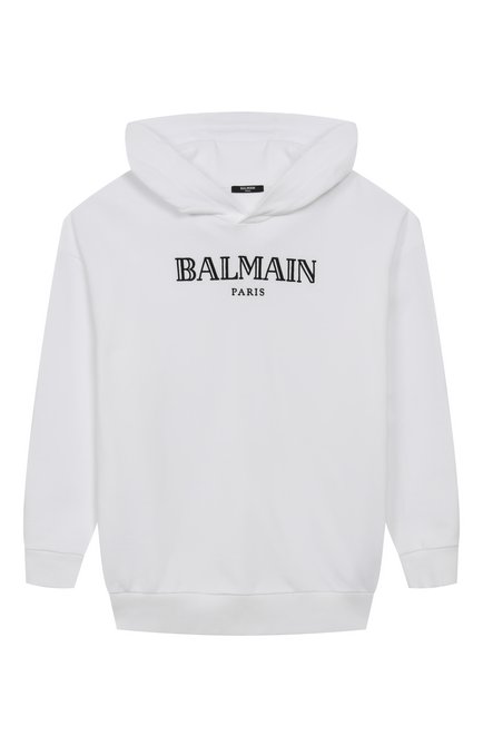 Детский хлопковое худи BALMAIN белого цвета, арт. BW4P40 | Фото 1 (Рукава: Длинные; Драгоценные камни: Проставлено; Материал внешний: Хлопок; Материал сплава: Проставлено)