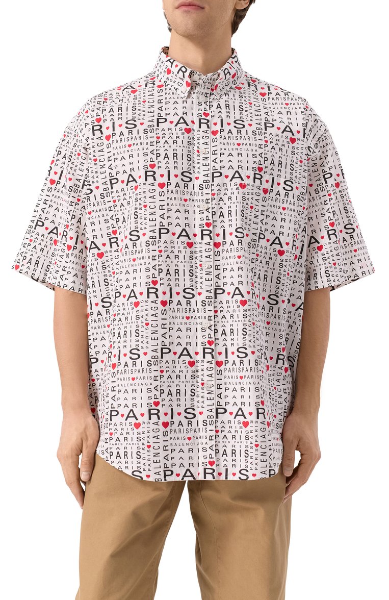 Мужская хлопковая рубашка BALENCIAGA �белого цвета, арт. 681702/TRLH7 | Фото 3 (Рукава: 3/4; Материал внешний: Хлопок; Длина (для топов): Стандартные; Случай: Повседневный; Воротник: Button down; Принт: С принтом; Стили: Романтичный, Гранж)