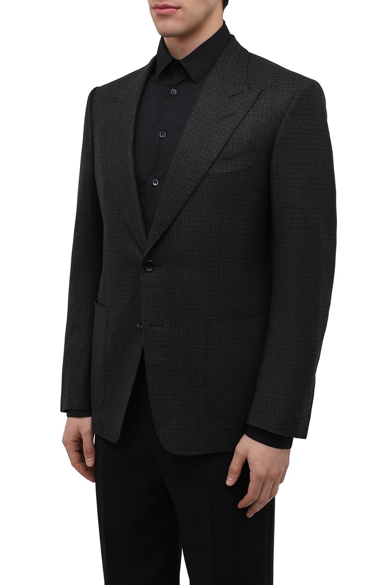 Мужской шерстяной пиджак TOM FORD темно-серого цвета, арт. 322R60/11HA40 | Фото 3 (Длина (для топов): Стандартные; Материал подклада: Шелк, Купро; Материал внешний: Шерсть; Рукава: Длинные; Пиджаки М: Приталенный; 1-2-бортные: Однобортные; Случай: Повседневный; Стили: Кэжуэл; Драгоценные камни: Проставлено; Материал сплава: Проставлено)