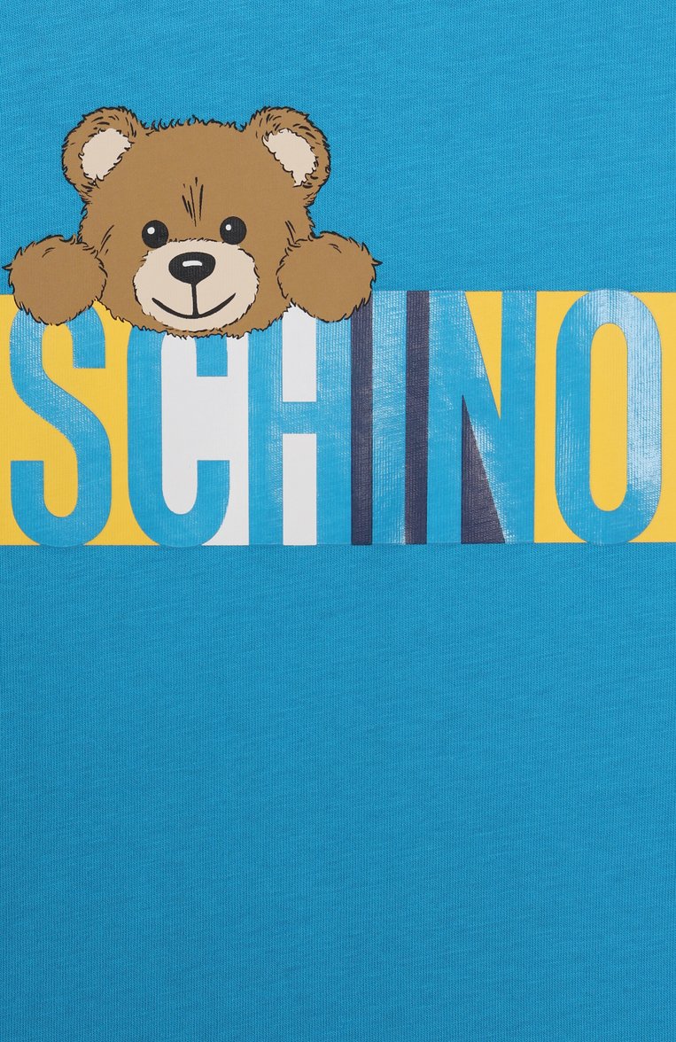 Мужского хлопковая футболка MOSCHINO бирюзового цвета, арт. HMM050/LAA02/4-8 | Фото 3 (Материал внешний: Хлопок; Нос: Не проставлено; Девочки Кросс-КТ: футболка-одежда; Мальчики Кросс-КТ: Футболка-одежда; Региональные ограничения белый список (Axapta Mercury): Не проставлено; Ростовка одежда: 4 года | 104 см, 5 лет | 110 см, 6 лет | 116 см, 8 лет | 128 см)
