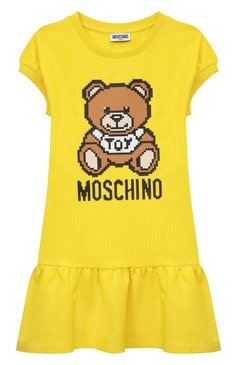 Детское хлопковое платье MOSCHINO желтого цвета, арт. HCV07E/LDA13/4A-8A | Фото 1 (Рукава: Короткие; Материал сплава: Проставлено; Материал внешний: Хлопок; Драгоценные камни: Проставлено; Ростовка одежда: 4 года | 104 см, 6 лет | 116 см, 8 лет | 128 см)