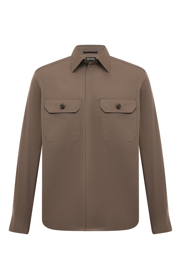 Мужская хлопковая рубашка ZEGNA хаки цвета, арт. UDV16A7/S0T8 | Фото 1 (Материал внешний: Хлопок; Длина (для топов): Стандартные; Рукава: Длинные; Воротник: Кент; Случай: Повседневный; Принт: Однотонные; Манжеты: На пуговицах; Стили: Кэжуэл)