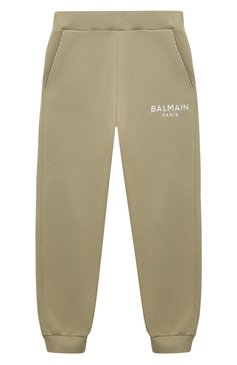 Детские хлопковые джоггеры BALMAIN хаки цвета, арт. BT6S00 | Фото 1 (Материал сплава: Проставлено; Нос: Не проставлено; Материал внешний: Хлопок; Мальчики Кросс-КТ: Джоггеры-одежда; Ростовка одежда: 10 - 11 лет | 140 - 146см, 12 лет | 152 см, 13 - 15 лет | 158 см, 8 лет | 128 см, 6 лет | 116 см)