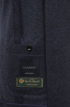 Мужской пиджак из шерсти и хлопка SARTORIA LATORRE темно-синего цвета, арт. JD74/JG106 | Фото 8 (Рукава: Длинные; Материал внешний: Шерсть, Хлопок; Драгоценные камни: Проставлено; Длина (для топов): Стандартные; Материал сплава: Проставлено; Пиджаки М: Прямой; 1-2-бортные: Однобортные; Стили: Классический; Случай: Формальный, Повседневный)