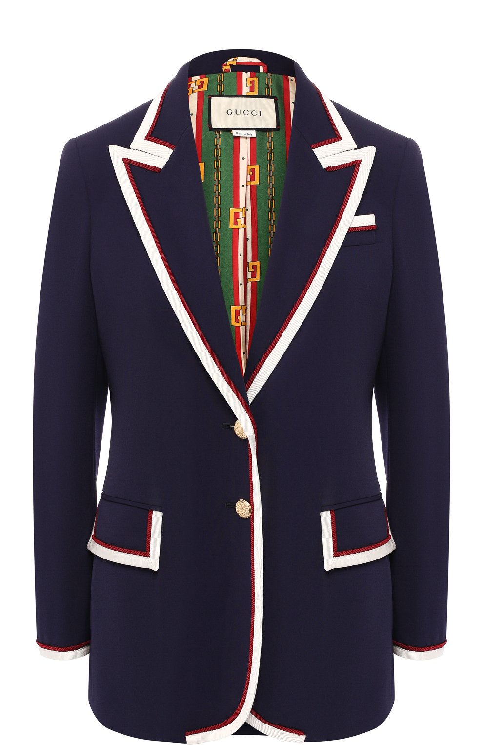 Жакет с контрастной отделкой GUCCI синего цвета по цене 257760 руб., арт. 523859/ZKR01, фото 1 Жакет с контрастной отделкой GUCCI, арт. 523859/ZKR01, фото 1