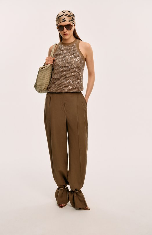 Брюки из вискозы и льна Brunello Cucinelli MH126P8669 Коричневый  MH126P8669 Фото 7