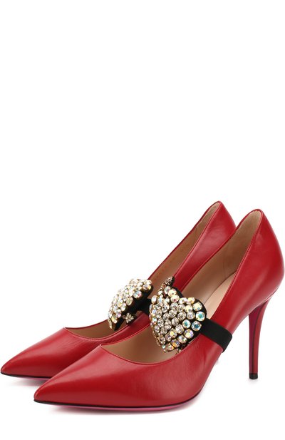 Кожаные туфли с брошью на шпильке GUCCI, арт. 496593/C9D00, фото 1
