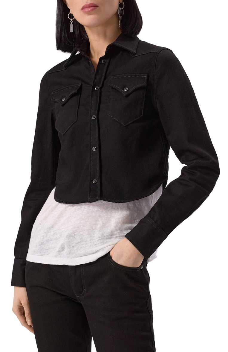 Женская джинсовая рубашка DSQUARED2 черного цвета, арт. S80DL0026/S30564 | Фото 3 (Материал сплава: Проставлено; Длина (для топов): Укороченные; Рукава: Длинные; Материал внешний: Хлопок, Деним; Драгоценные камни: Проставлено; Стили: Кэжуэл; Кросс-КТ: Деним, костюм; Женское Кросс-КТ: Рубашка-одежда)