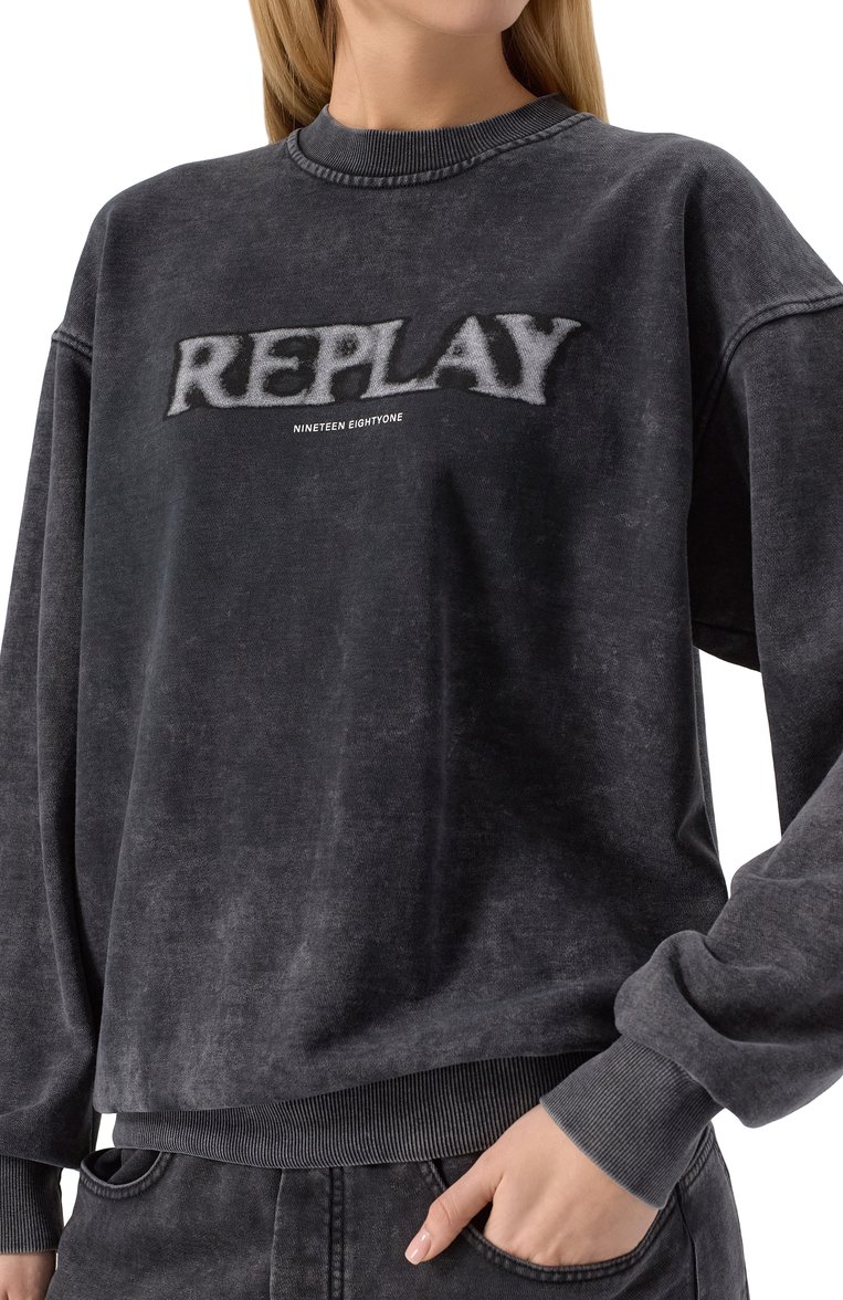 Женский хлопковый свитшот REPLAY темно-серого цвета, арт. W3462A.000.23820M | Фото 5 (Длина (для топов): Стандартные; Драгоценные камни: Проставлено; Материал сплава: Проставлено; Рукава: Длинные; Женское Кросс-КТ: Свитшот-одежда; Стили: Спорт-шик; Материал внешний: Хлопок)