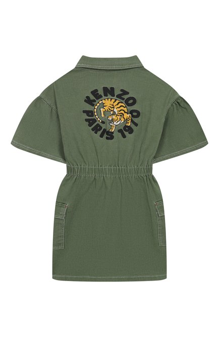 Детское джинсовое платье-рубашка KENZO хаки цвета, арт. K60910 | Фото 2 (Материал сплава: Проставлено; Драгоценные камни: Проставлено; Рукава: Длинные; Материал внешний: Хлопок)