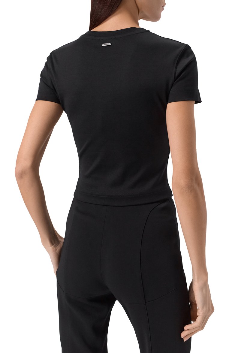 Женский хлопковый топ MUGLER черного цвета, арт. 25P3TS01086016 | Фото 4 (Рукава: Короткие; Длина (для топов): Укороченные; Принт: Без принта; Стили: Гламурный, Панк; Материал внешний: Хлопок)