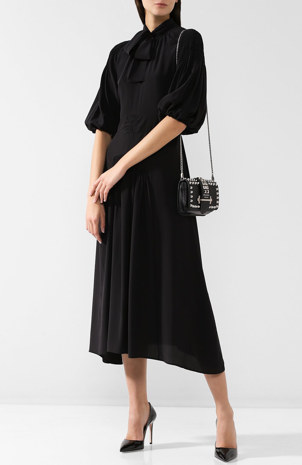 Однотонное шелковое платье с воротником аскот PRADA, арт. P36S1R-1H51-F0002, фото 2