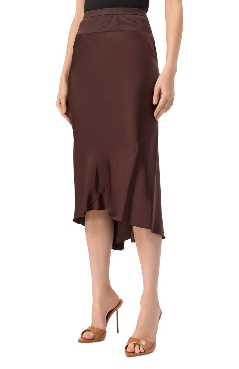 Женская атласная юбка RICK OWENS коричневого цвета, арт. RP01E7343/SCH | Фото 3 (Материал внешний: Вискоза, Синтетический материал; Длина Ж (юбки, платья, шорты): Миди; Стили: Кэжуэл; Кросс-КТ: костюм; Автоматизация ТО: Проставлено; Автоматизация состава: Проставлено)