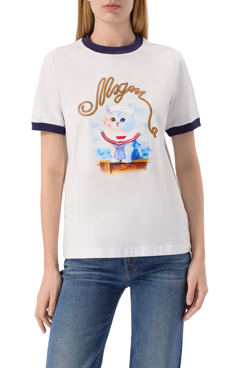 Женская хлопковая футболка MSGM белого цвета, арт. 3841MDM152/257002 | Фото 3 (Драгоценные камни: Проставлено; Длина (для топов): Стандартные; Рукава: Короткие; Материал сплава: Проставлено; Принт: С принтом; Стили: Кэжуэл; Материал внешний: Хлопок)
