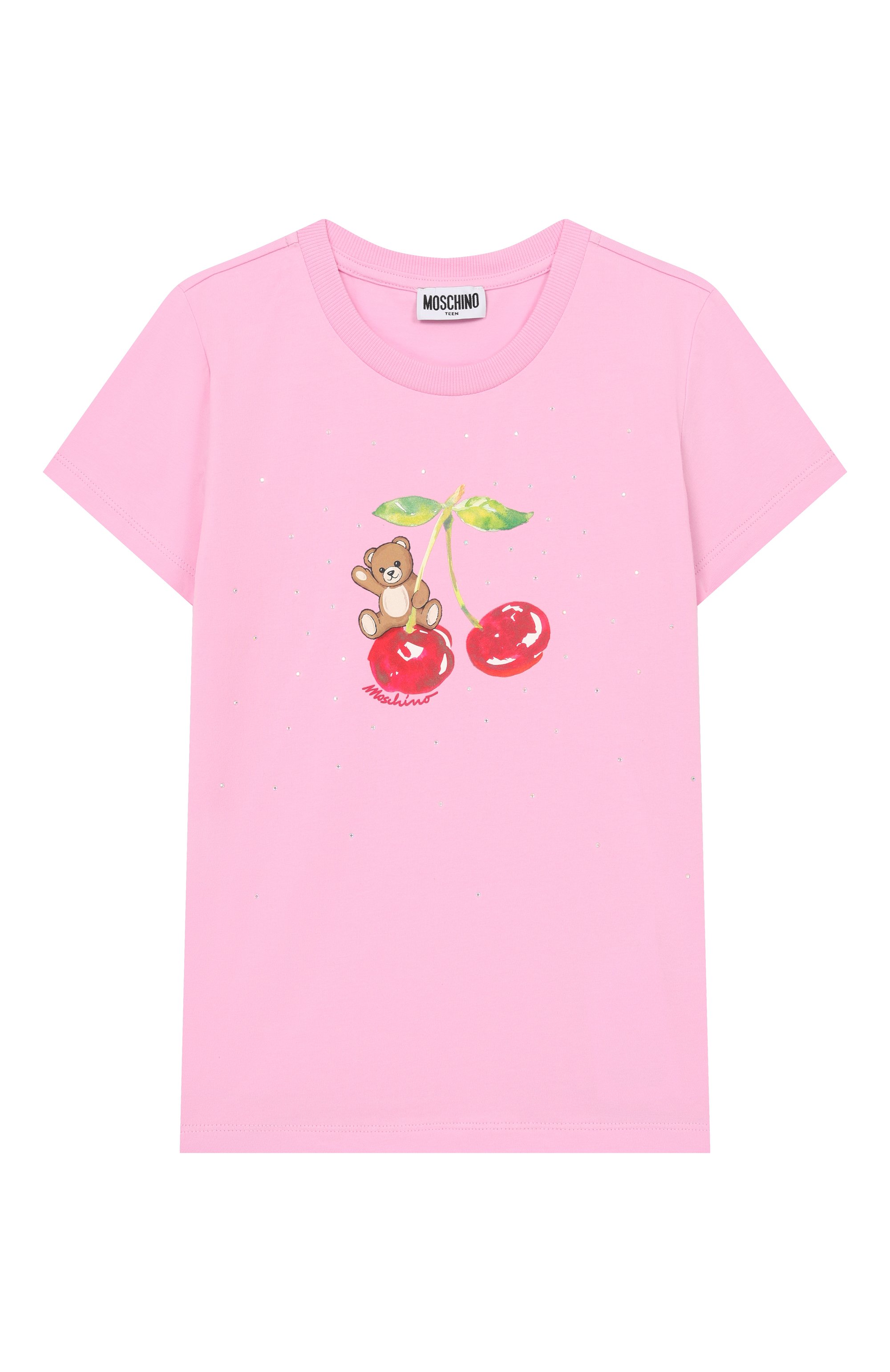 Хлопковая футболка MOSCHINO розового цвета по цене 11750 руб., арт. HFM06K/LBA10, фото 1 Хлопковая футболка MOSCHINO, арт. HFM06K/LBA10, фото 1
