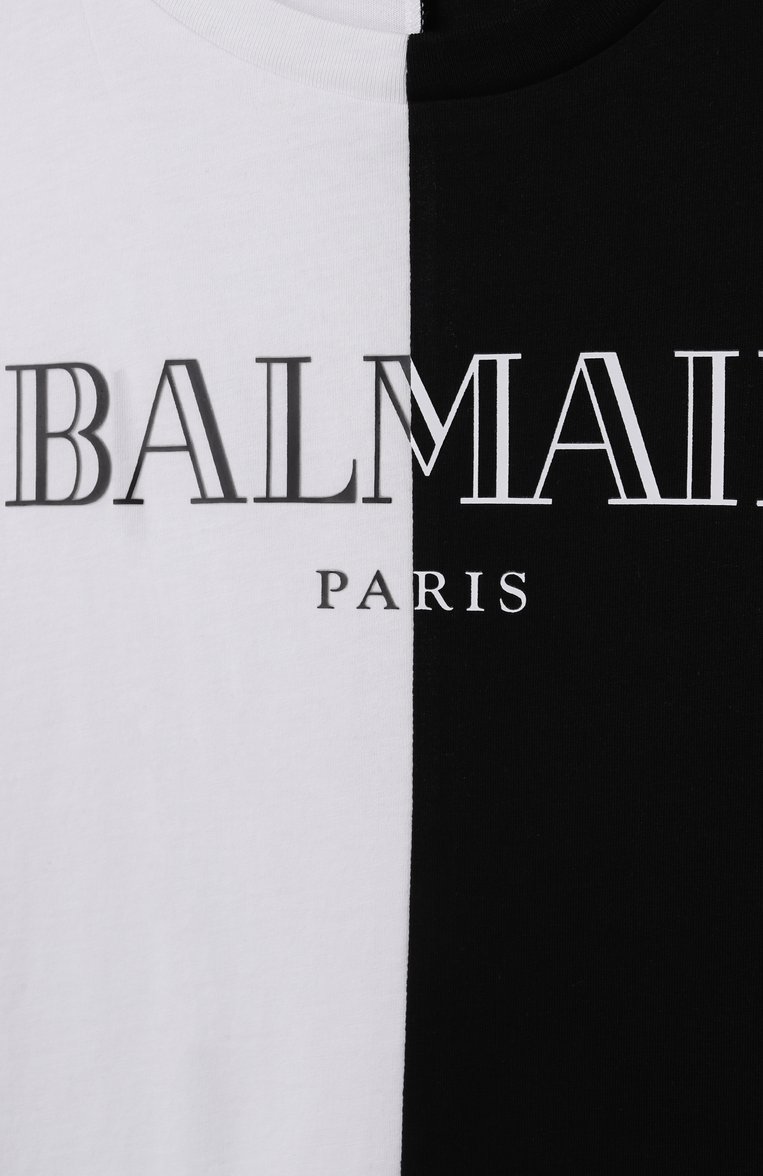 Детская хлопковая футболка BALMAIN черно-белого цвета, арт. BW8Q01 | Фото 3 (Рукава: Короткие; Мальчики Кросс-КТ: Футболка-одежда; Материал внешний: Хлопок; Автоматизация ТО: Проставлено; Автоматизация состава: Проставлено; Ростовка одежда: 8 лет | 128 см, 6 лет | 116 см, 10 - 11 лет | 140 - 146см, 12 лет | 152 см, 13 - 15 лет | 158 см, 16 лет | 164 см)