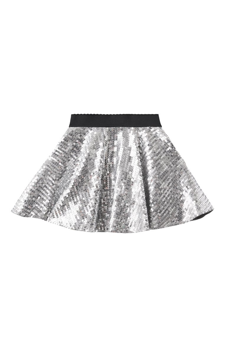 Детская юбка DOLCE & GABBANA серебряного цвета, арт. L55I44/FLSIW/2-6 | Фото 2 (Материал сплава: Проставлено; Нос: Не проставлено; Случай: Вечерний; Материал внешний: Синтетический материал; Ростовка одежда: 4 года | 104 см, 6 лет | 116 см, 5 лет | 110 см)