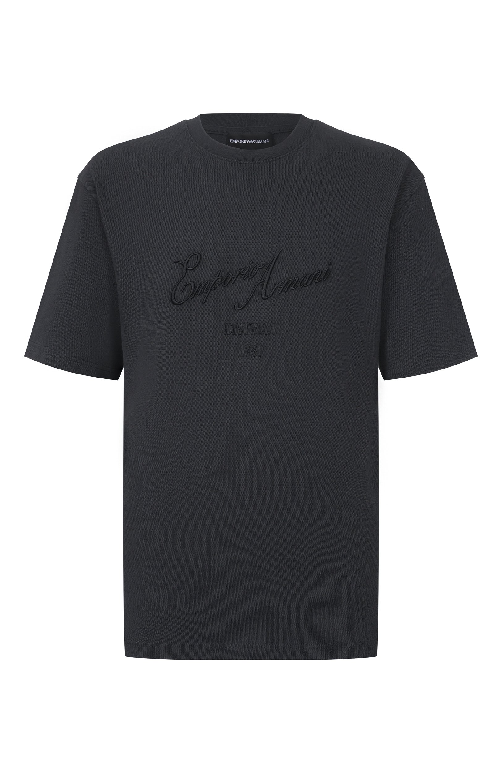 Хлопковая футболка EMPORIO ARMANI черного цвета по цене 26100 руб., арт. EM006411/AF27350, фото 1 Хлопковая футболка EMPORIO ARMANI, арт. EM006411/AF27350, фото 1