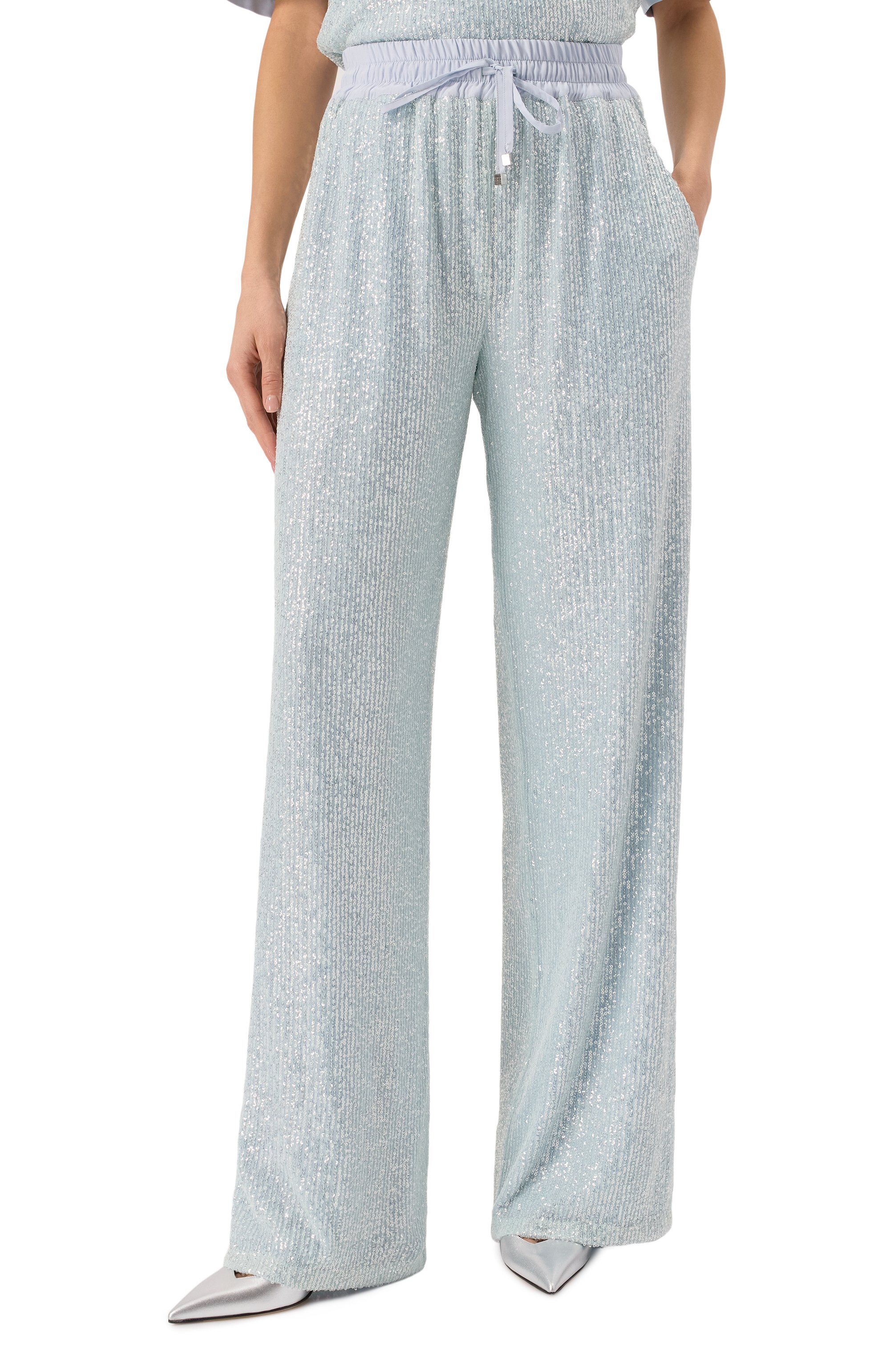 Брюки с отделкой пайетками KITON голубого цвета по цене 263500 руб., арт. D59127K0989E01, фото 3 Брюки с отделкой пайетками KITON, арт. D59127K0989E01, фото 3