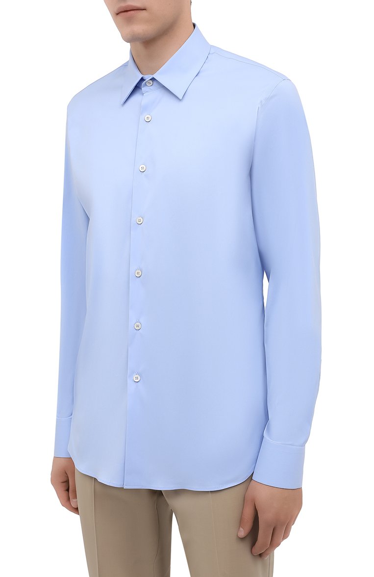 Мужская хлопковая сорочка PRADA голубого цвета, арт. UCM608-F62-F0012 | Фото 3 (Материал внешний: Хлопок; Длина (для топов): Стандартные; Рукава: Длинные; Случай: Формальный; Стили: Классический; Воротник: Кент; Принт: Однотонные; Манжеты: На пуговицах; Автоматизация ТО: Проставлено; Автоматизация состава: Проставлено; Де�тали: Без декора)