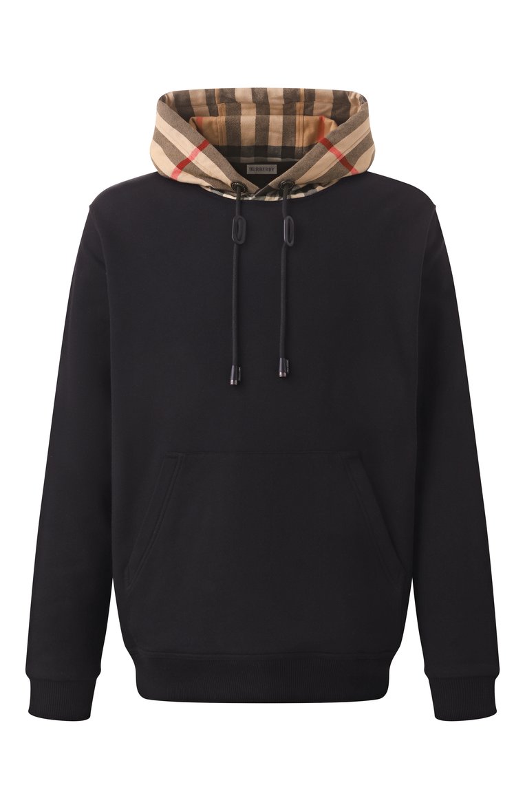 Мужской хлопковое худи BURBERRY черного цвета, арт. 8058117 | Фото 1 (Длина (для топов): Стандартные; Рукава: Длинные; Мужское Кросс-КТ: Худи-одежда; Стили: Кэжуэл; Принт: Без принта; Материал внешний: Хлопок; Автоматизация состава: Проставлено; Автоматизация ТО: Проставлено)