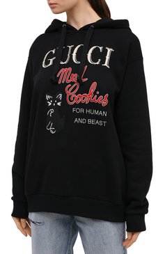 Женский хлопковое худи GUCCI черного цвета, арт. 615061/XJC0C | Фото 3 (Длина (для топов): Стандартные; Рукава: Длинные; Материал внешний: Хлопок; Женское Кросс-КТ: Худи-одежда; Региональные ограничения белый список (Axapta Mercury): RU; Драгоценные камни: Проставлено; Материал сплава: Проставлено)