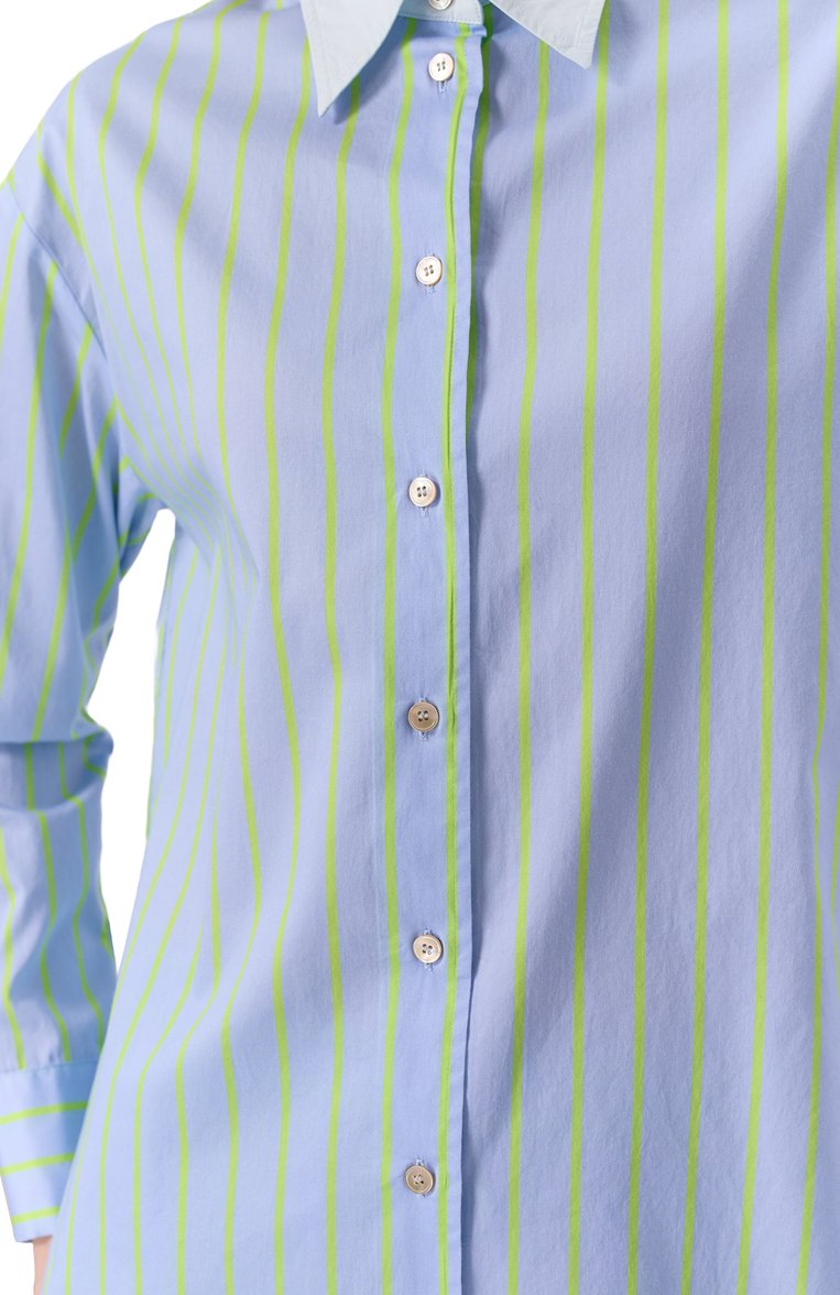 Женская хлопковая рубашка FORTE_FORTE голубого цвета, арт. 13610_MY SHIRT | Фото 5 (Длина (для топов): Удлиненные; Драгоценные камни: Проставлено; Рукава: Длинные; Материал сплава: Проставлено; Женское Кросс-КТ: Рубашка-одежда; Кросс-КТ: костюм; Принт: Полоска, С принтом; Стили: Классический; Материал внешний: Хлопок)