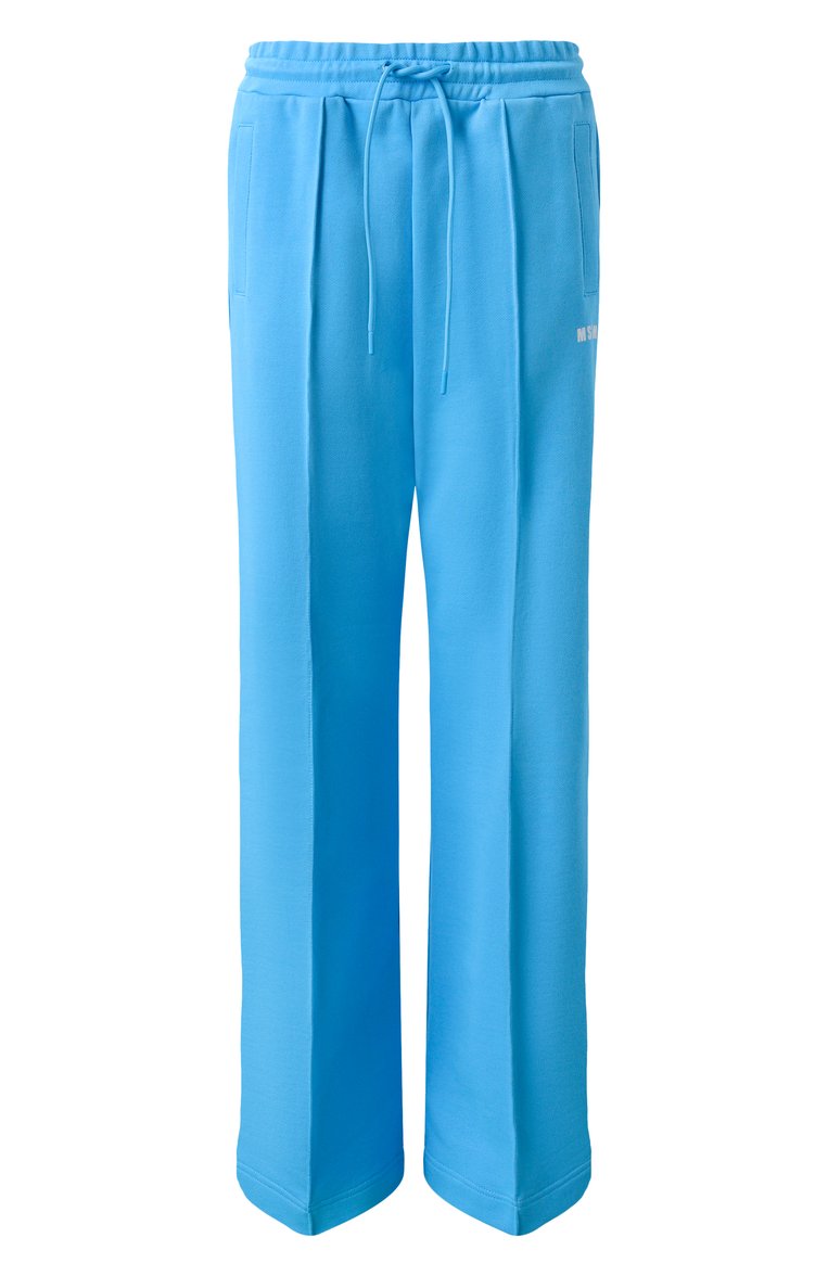 Женские хлопковые брюки MSGM голубого цвета, арт. 3841MDP78/257000 | Фото 1 (Драгоценные камни: Проставлено; Материал сплава: Проставлено; Длина (брюки, джинсы): Стандартные; Женское Кросс-КТ: Брюки-одежда; Силуэт Ж (брюки и джинсы): Широкие; Стили: Спорт-шик; Материал внешний: Хлопок)