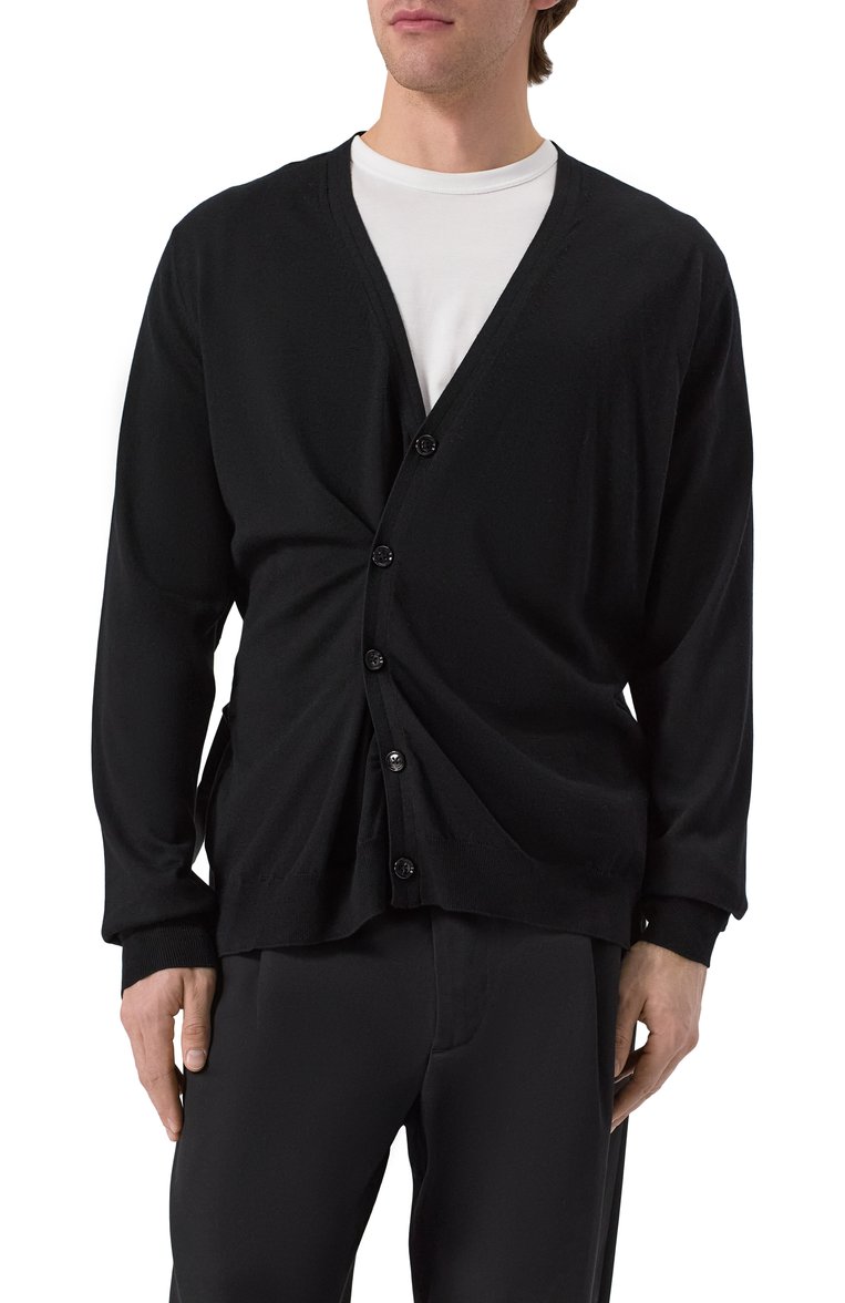 Мужской шерстяной кардиган ANN DEMEULEMEESTER черного цвета, арт. B0012476/KN056 | Фото 7 (Длина (для топов): Стандартные; Рукава: Длинные; Материал внешний: Шерсть; Мужское Кросс-КТ: Кардиган-одежда; Стили: Гранж; Застежка: Пуговицы)