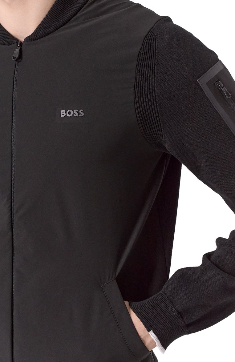 Мужской комбинированная толстовка BOSS GREEN черного цвета, арт. 50529337 | Фото 5 (Длина (для топов): Стандартные; Материал внешний: Хлопок, Синтетический материал; Рукава: Длинные; Мужское Кросс-КТ: Толстовка-одежда; Стили: Спорт-шик; Автоматизация состава: Проставлено; Автоматизация ТО: Проставлено)