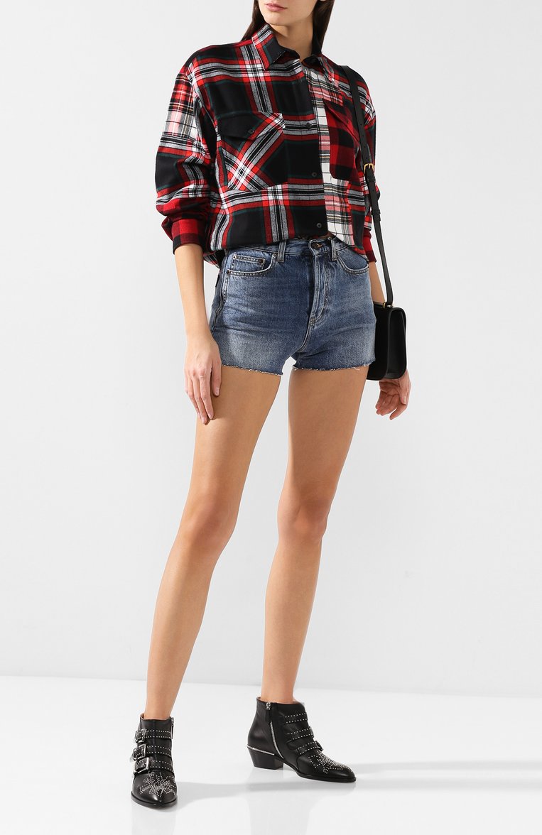 Женские джинсовые шорты с потертостями SAINT LAURENT синего цвета, арт. 550228/Y969T | Фото 2 (Материал внешний: Хлопок, Деним; Статус проверки: Проверено; Длина Ж (юбки, платья, шорты): Мини; Женское Кросс-КТ: Шорты-одежда; Кросс-КТ: Деним)