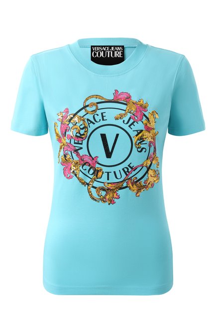 Женская хлопковая футболка VERSACE JEANS COUTURE бирюзового цвета, арт. 78HAHC01/CJ02C | Фото 1 (Длина (для топов): Стандартные; Рукава: Короткие; Материал внешний: Хлопок; Драгоценные камни: Проставлено; Материал сплава: Проставлено)