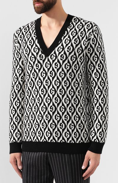 Шерстяной пуловер GUCCI черно-белого цвета по цене 69950 руб., арт. 595512/XKA0Y, фото 3 Шерстяной пуловер GUCCI, арт. 595512/XKA0Y, фото 3