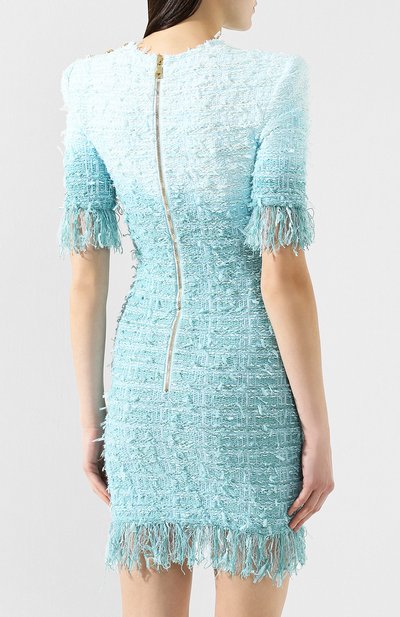Платье с бахромой BALMAIN бирюзового цвета по цене 226500 руб., арт. RF16616/K299, фото 4 Платье с бахромой BALMAIN, арт. RF16616/K299, фото 4