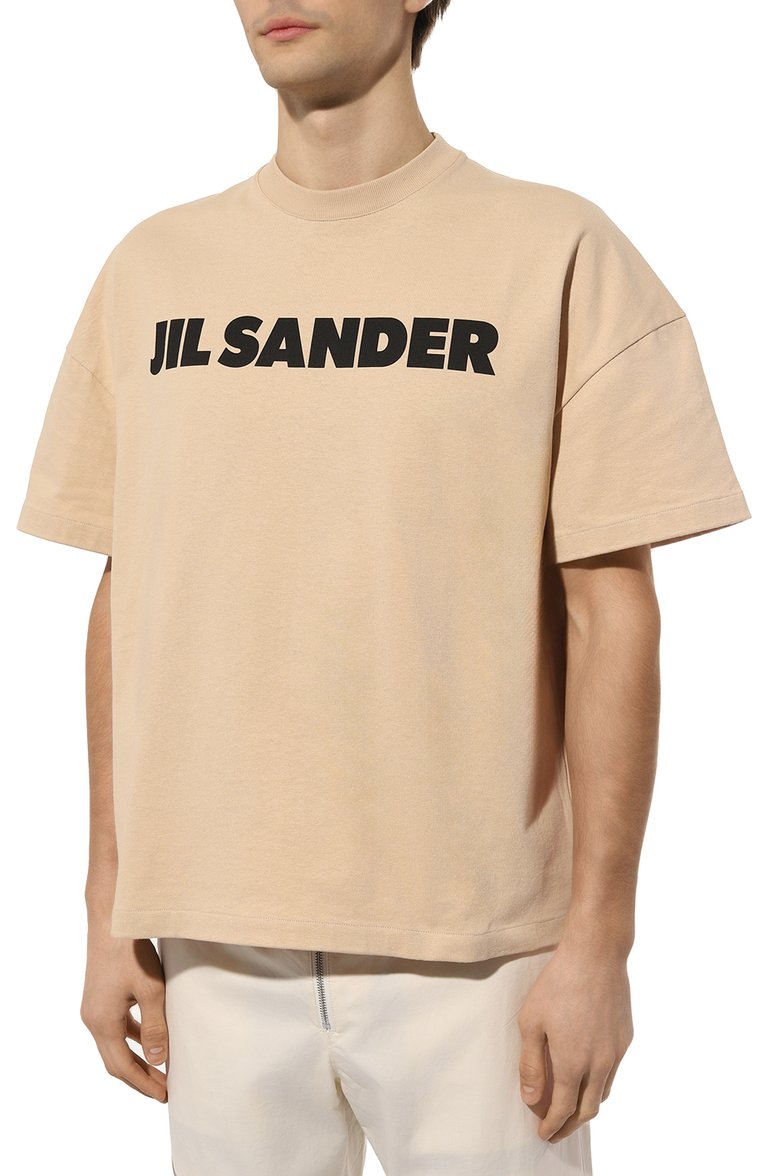 Мужская хлопковая футболка JIL SANDER бежевого цвета, арт. J21GC0001/J20215 | Фото 3 (Длина (для топов): Стандартные; Материал внешний: Хлопок; Рукава: Короткие; Стили: Минимализм; Принт: С принтом; Мужское Кросс-КТ: Футболка-одежда; Кросс-КТ: Джерси)
