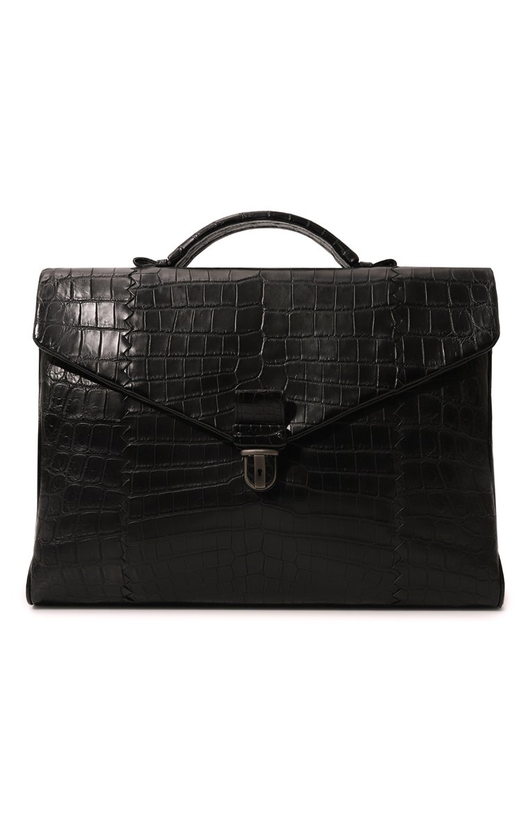 Мужской портфель из кожи крокодила BOTTEGA VENETA черного цвета, арт. 122139/VDBE0 | Фото 1 (Материал сплава: Проставлено; Драгоценные камни: Проставлено; Размер: large; Материал: Экзотическая кожа)