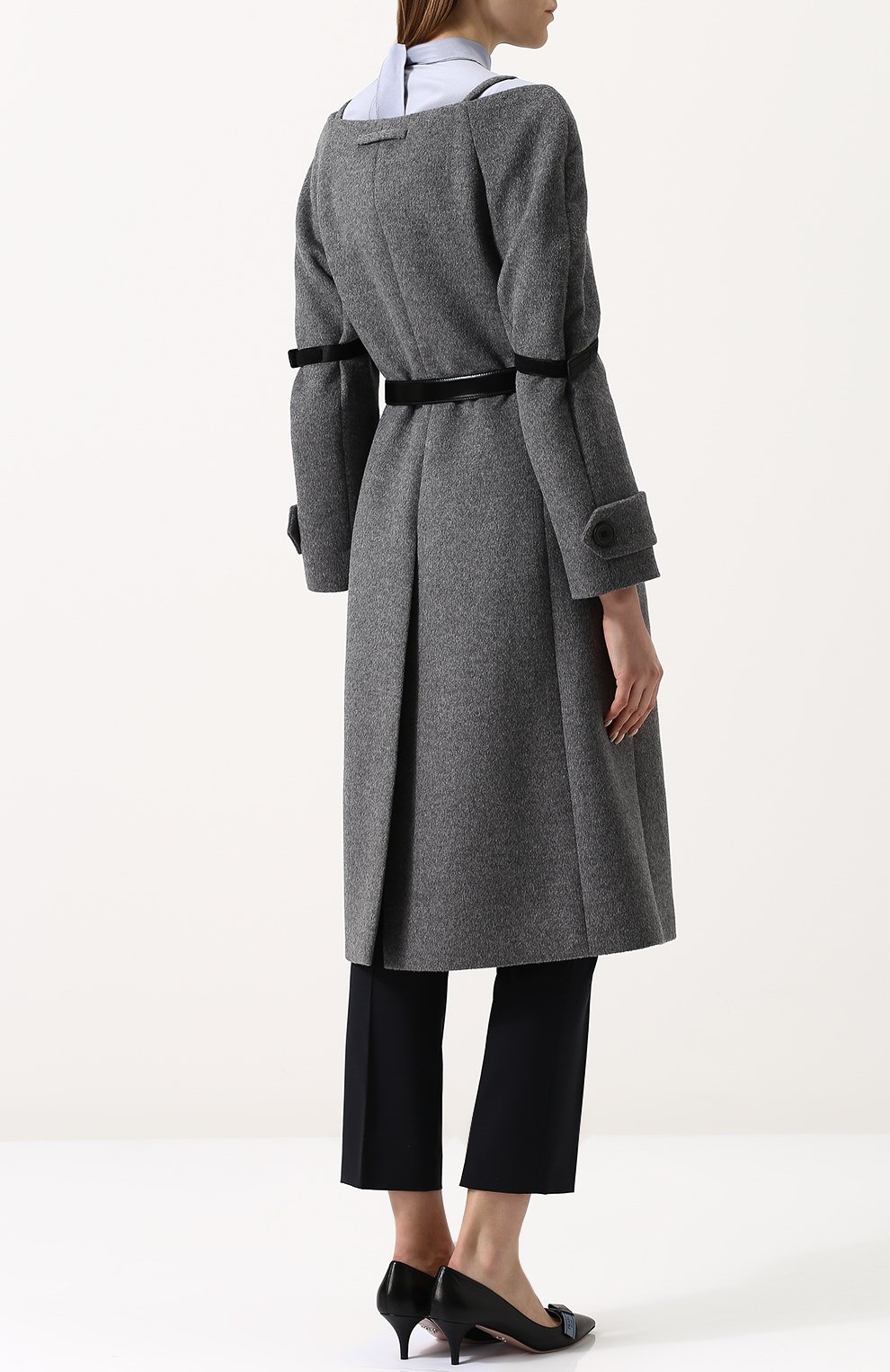 Двубортное шерстяное пальто с поясом и вырезом-лодочка PRADA, арт. P622HK-1QLO-F0H16, фото 4