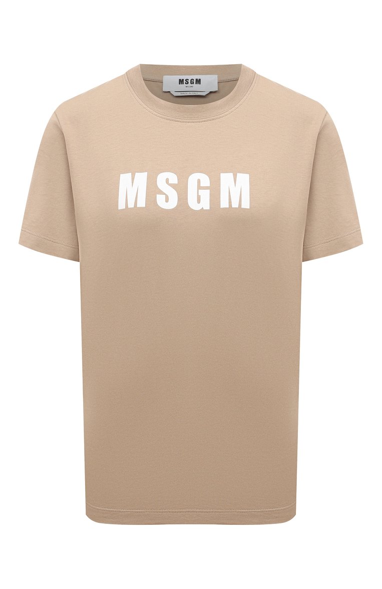 Женская хлопковая футболка MSGM бежевого цвета, арт. 3641MDM92/247002 | Фото 1 (Рукава: Короткие; Длина (для топов): Стандартные; Принт: С принтом; Материал сплава: Проставлено; Материал внешний: Хлопок; Женское Кросс-КТ: Футболка-одежда; Драгоценные камни: Проставлено; Стили: Кэжуэл)