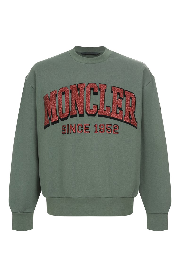 Мужской хлопковый свитшот MONCLER �зеленого цвета, арт. 8G00019/M2642/87E | Фото 1 (Длина (для топов): Стандартные; Материал внешний: Хлопок; Рукава: Длинные; Принт: С принтом; Мужское Кросс-КТ: свитшот-одежда; Стили: Спорт-шик; Детали: Без декора; Автоматизация ТО: Проставлено; Автоматизация состава: Проставлено)