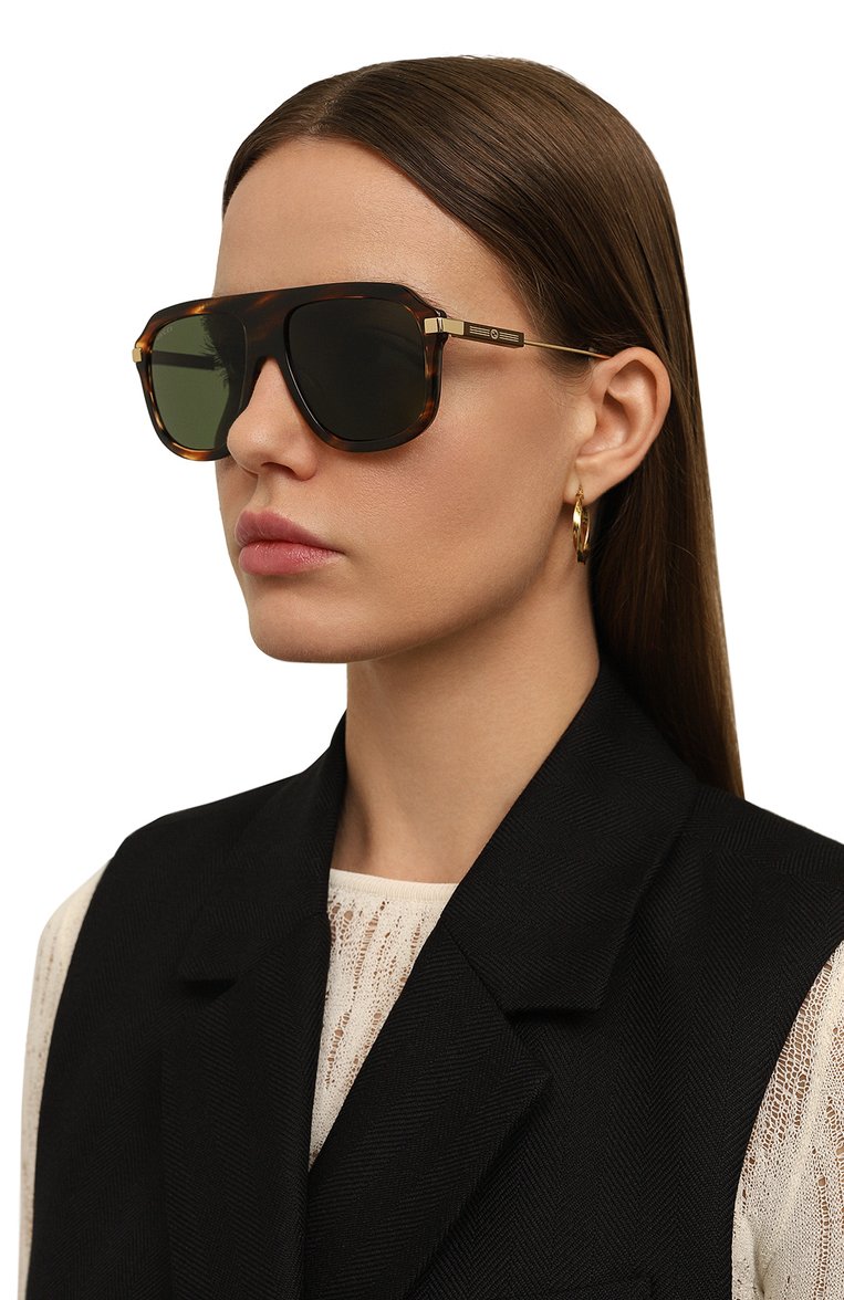 Женские солнцезащитные очки GUCCI коричневого цвета, арт. GG1309S 007 | Фото 2 (Нос: Не проставлено; Региональные ограничения белый список (Axapta Mercury): Не проставлено; Материал: Пластик, Металл; Тип очков: С/з; Кросс-КТ: С/з-унисекс; Очки форма: Авиаторы; Оптика Гендер: оптика-унисекс)