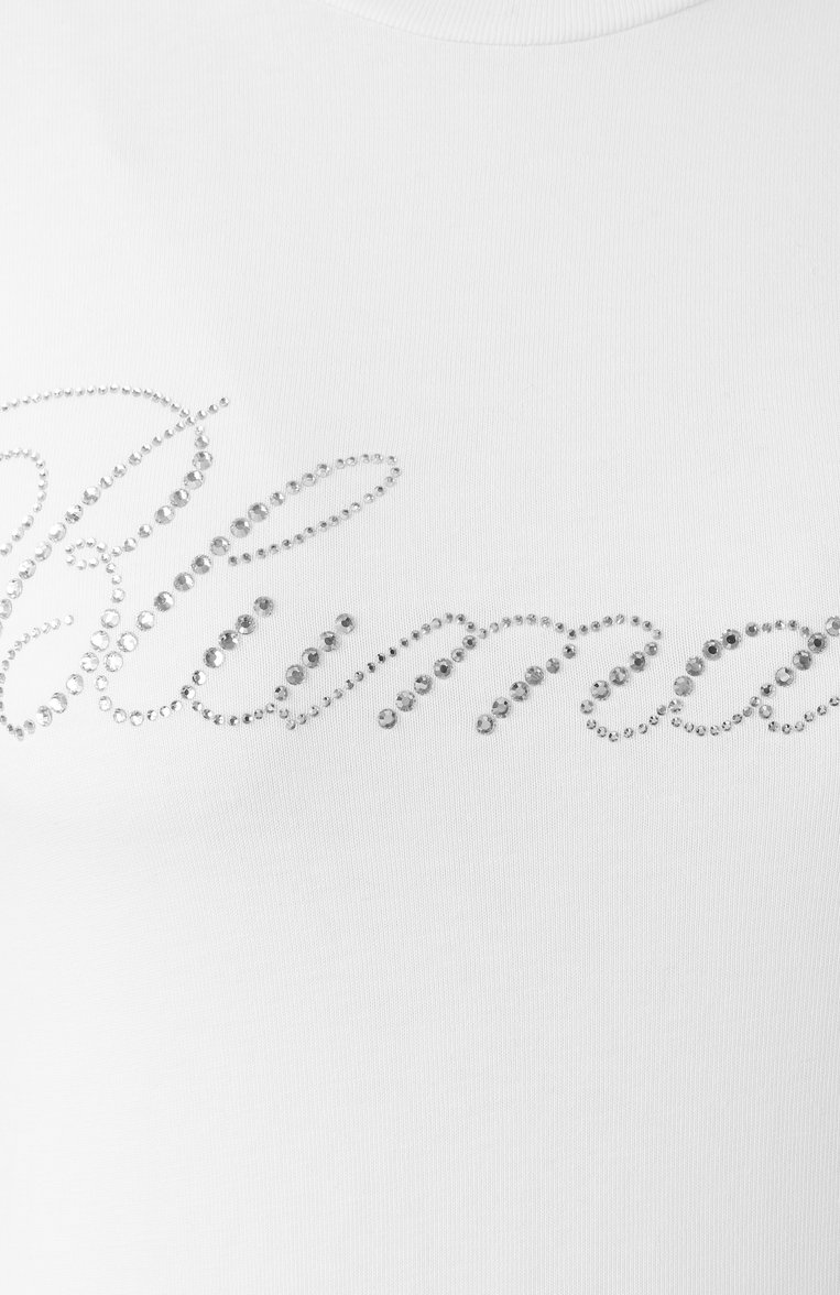 Женская хлопковая футболка BLUMARINE белого цвета, арт. P522T082A | Фото 6 (Длина (для топов): Стандартные; Рукава: Короткие; Материал сплава: Проставлено; Материал внешний: Хлопок; Драгоценные камни: Проставлено; Принт: С принтом; Стили: Кэжуэл; Женское Кросс-КТ: Футболка-одежда)