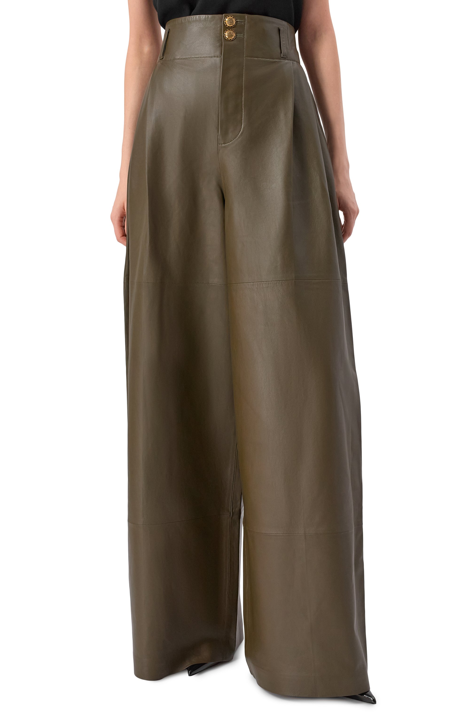 Кожаные брюки ZIMMERMANN хаки цвета по цене 397500 руб., арт. 5619PF251, фото 3 Кожаные брюки ZIMMERMANN, арт. 5619PF251, фото 3