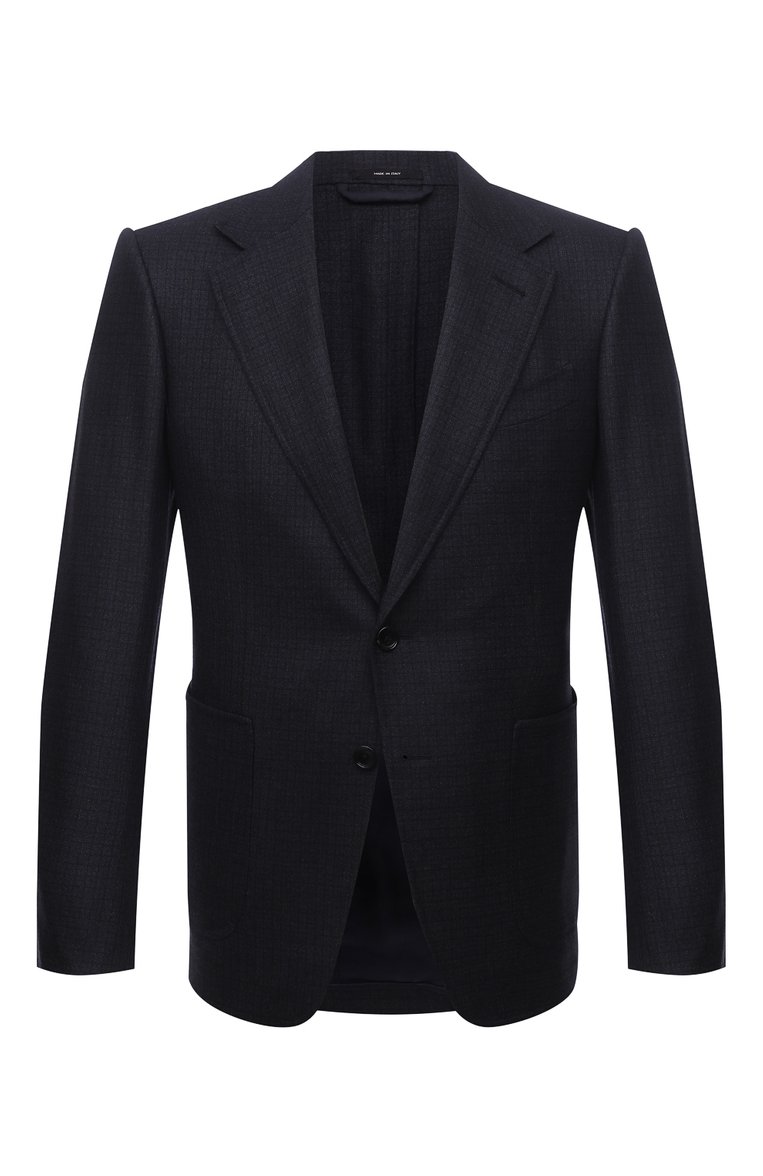 Мужской шерстяной пиджак TOM FORD темно-синего цвета, арт. 322R61/10SP40 | Фото 1 (Материал подклада: Шелк, Купро; Длина (для топов): Стандартные; Материал внешний: Шерсть; Рукава: Длинные; Случай: Формальный; Стили: Классический; 1-2-бортные: Однобортные; Пиджаки М: Приталенный; Драгоценные камни: Проставлено; Материал сплава: Проставлено)