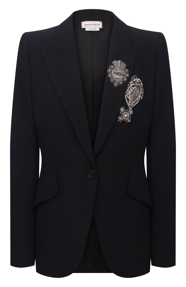 Женский жакет ALEXANDER MCQUEEN черного цвета, арт. 649869/QEAAA | Фото 1 (Материал подклада: Купро; Рукава: Длинные; Женское Кросс-КТ: Жакет-одежда; 1-2-бортные: Однобортные; Стили: Романтичный; Длина (для топов): Стандартные; Материал внешний: Синтетический материал, Вискоза; Случай: Вечерний; Региональные ограничения белый список (Axapta Mercury): RU; Детали: Декор)