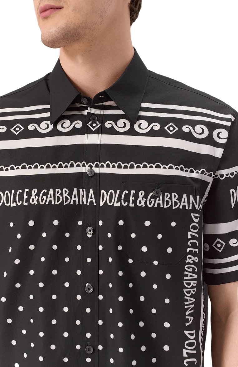 Мужская хлопковая рубашка DOLCE & GABBANA черно-белого цвета, арт. G5LG9T/FI5KQ | Фото 5 (Материал внешний: Хлопок; Рукава: Короткие; Длина (для топов): Стандартные; Принт: С принтом; Случай: Повседневный; Воротник: Кент; Стили: Гламурный; Автоматизация состава: Проставлено; Автоматизация ТО: Проставлено; Размерность: Идёт в размер; Детали: Без декора)